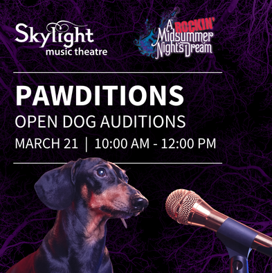 “Pawditions” Open Dog Auditions artwork with dog and a microphone.