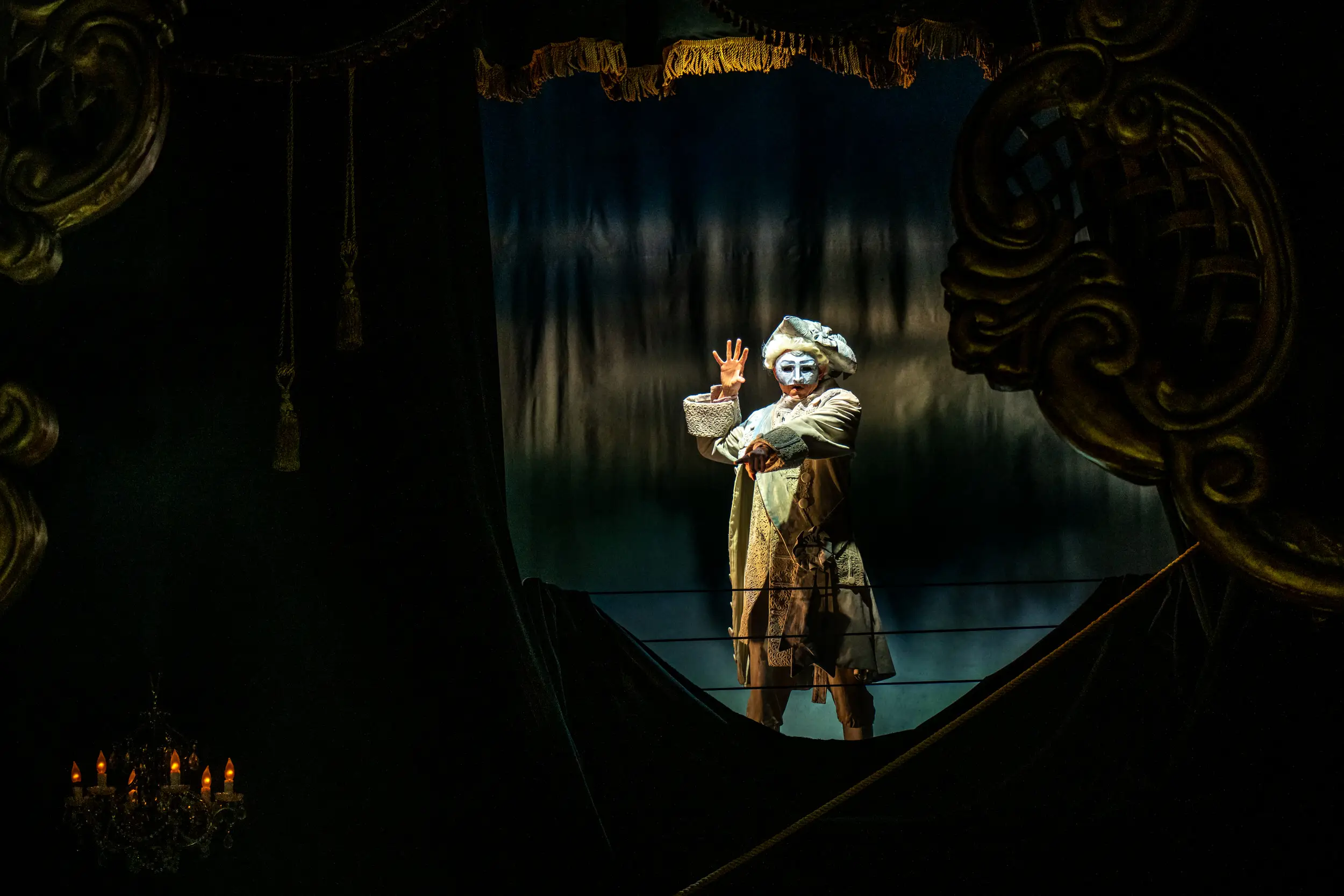 Jester on stage for a performance of Amadeus.