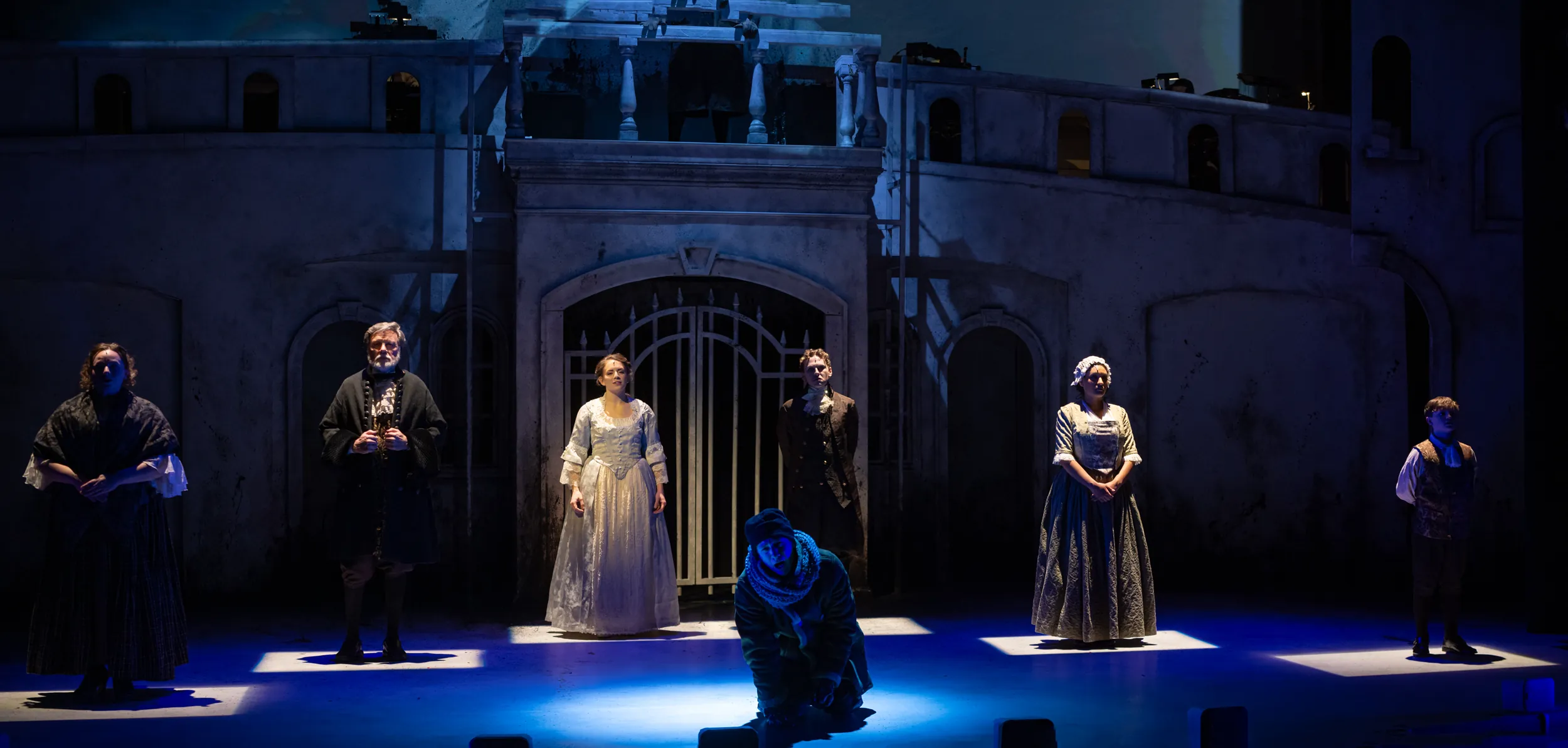 six actors on stage during Frankenstein performance